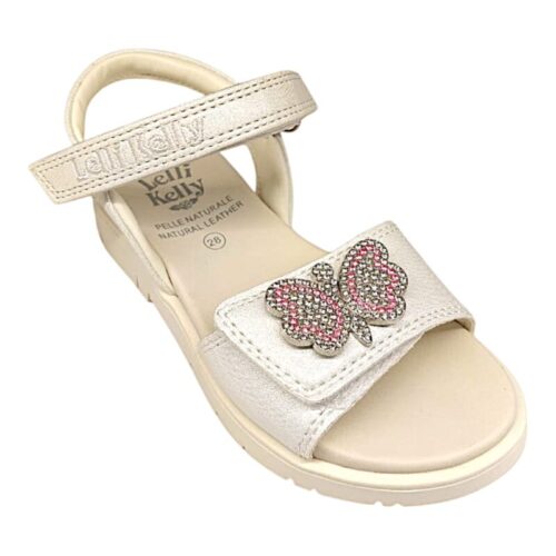 Sandalo bambina bianco perla Ines con strappo, fascia a strappo e farfalla di brillantini - Lelli Kelly