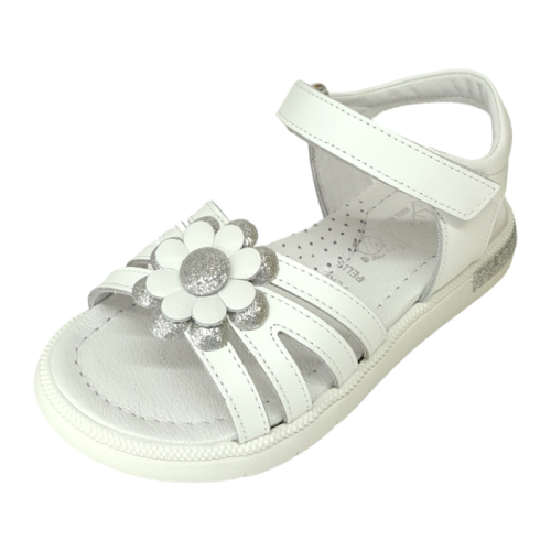 Sandalo bambina in pelle bianca con fiore - Rossano