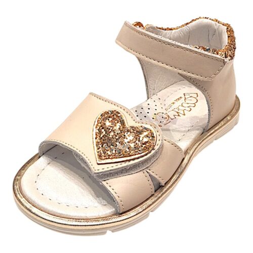 Sandalo bambina primi passi color beige-oro glitter con doppio strappo – Rossano
