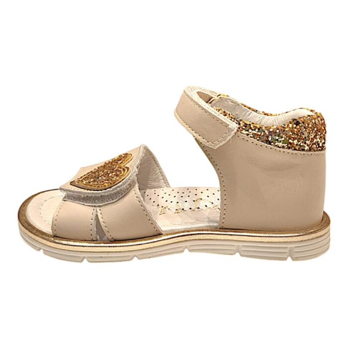 Sandalo bambina primi passi color beige-oro glitter con doppio strappo – Rossano