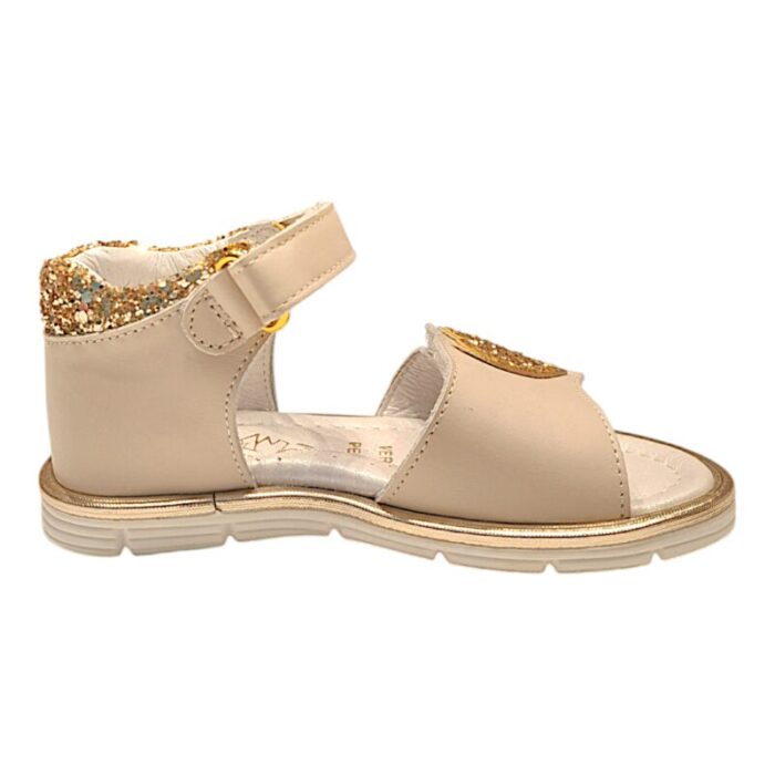 Sandalo bambina primi passi color beige-oro glitter con doppio strappo – Rossano