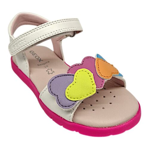 Sandalo bambina white-fucsia multicolor con cuori su fascia frontale e doppio strappo - Geox