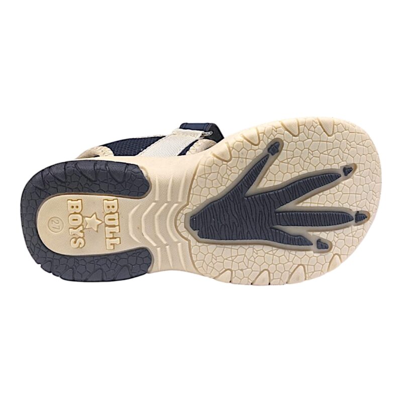 Sandalo bambino blu-beige in tessuto con spinosauro e doppio strappo – Bull Boys