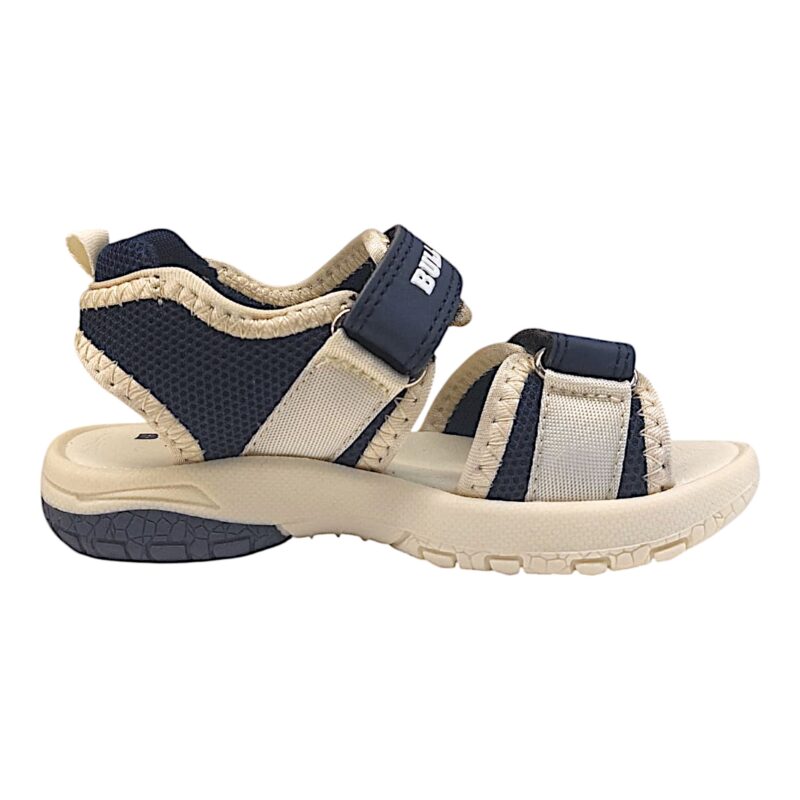 Sandalo bambino blu-beige in tessuto con spinosauro e doppio strappo – Bull Boys