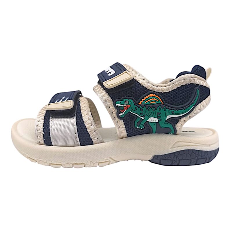 Sandalo bambino blu-beige in tessuto con spinosauro e doppio strappo – Bull Boys