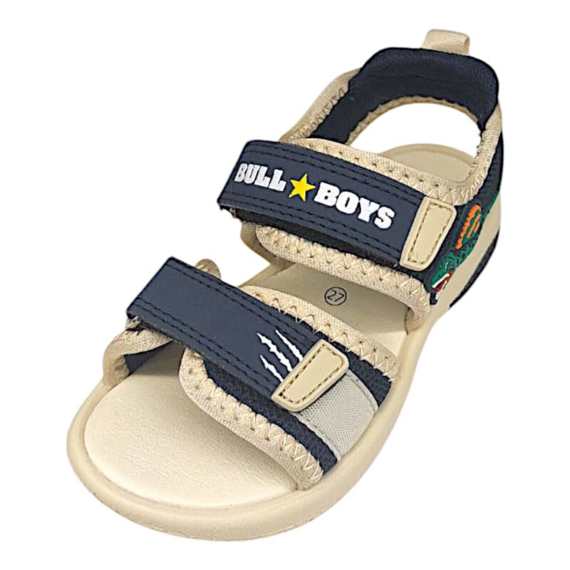 Sandalo bambino blu-beige in tessuto con spinosauro e doppio strappo – Bull Boys
