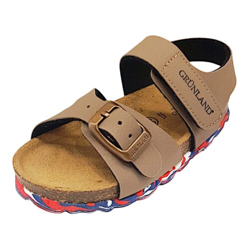 Sandalo bambino tortora con suola multicolor, strappo e fibbia - Grunland