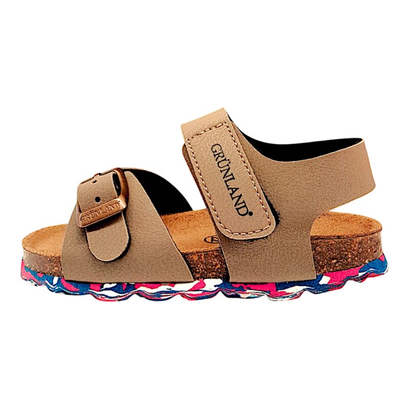 Sandalo bambino tortora con suola multicolor, strappo e fibbia - Grunland