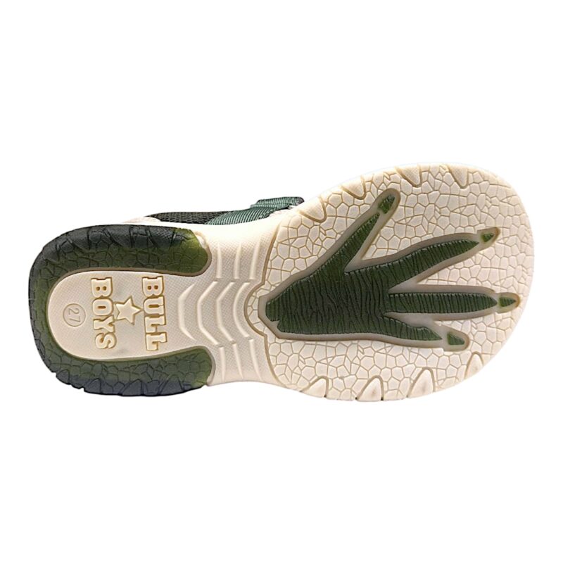 Sandalo bambino verde militare in tessuto con pterodattilo e doppio strappo – Bull Boys