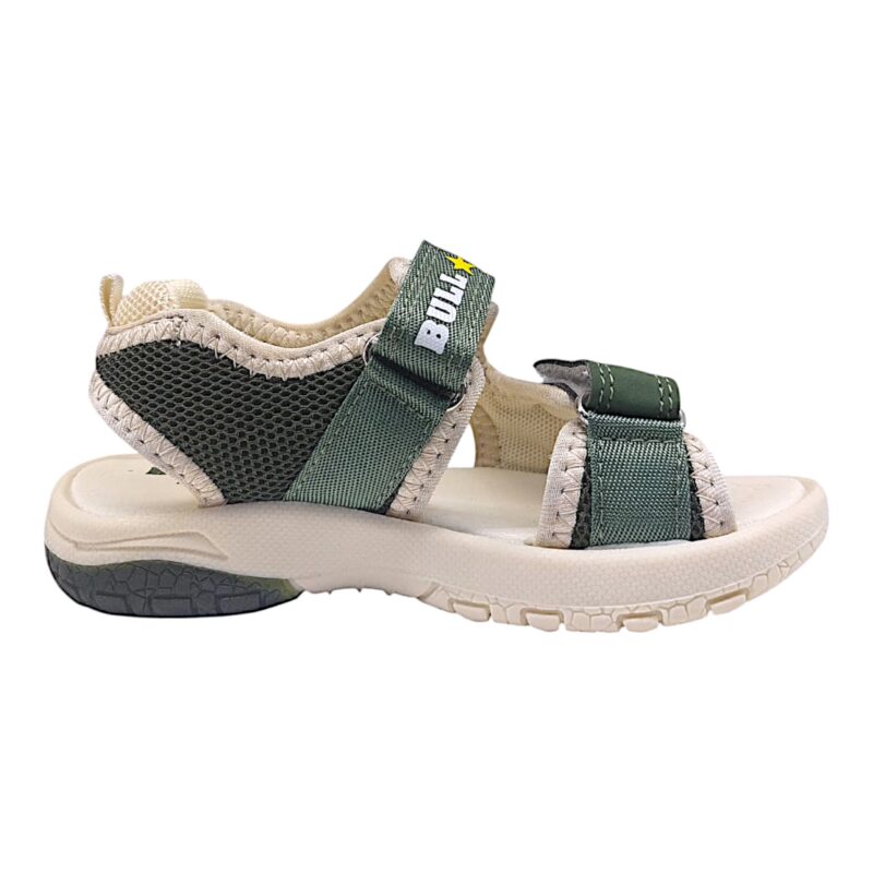 Sandalo bambino verde militare in tessuto con pterodattilo e doppio strappo – Bull Boys
