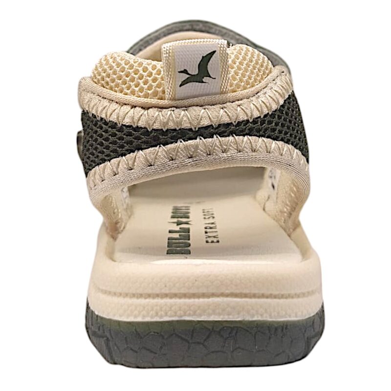Sandalo bambino verde militare in tessuto con pterodattilo e doppio strappo – Bull Boys