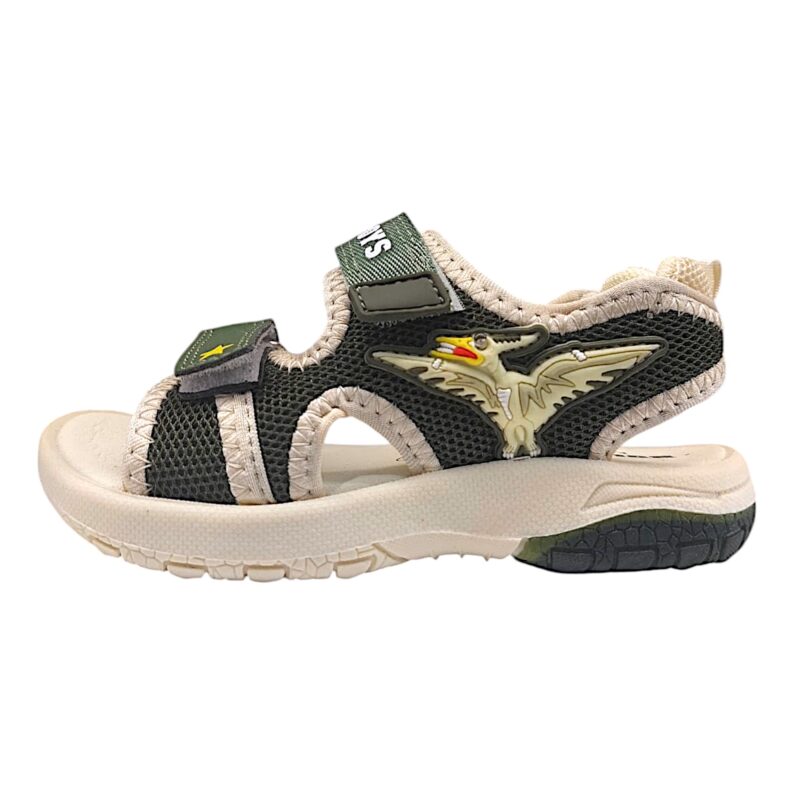 Sandalo bambino verde militare in tessuto con pterodattilo e doppio strappo – Bull Boys