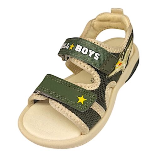 Sandalo bambino verde militare in tessuto con pterodattilo e doppio strappo – Bull Boys