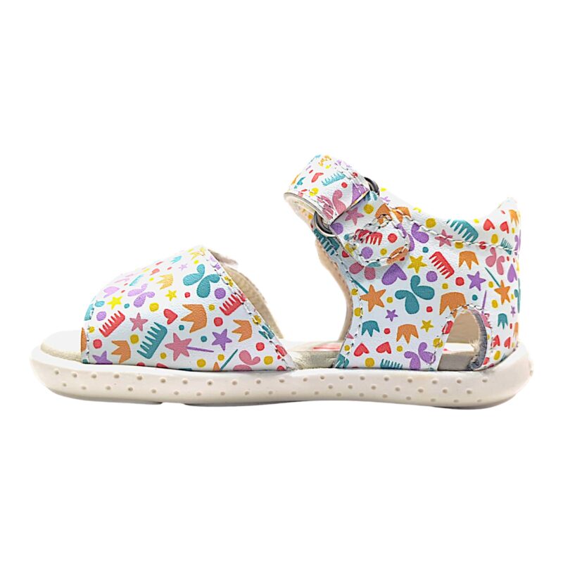 Sandalo barefoot bianco primi passi per bambina con disegnini multicolor e doppio strappo – Garvalín 3 Sandalo barefoot bianco primi passi per bambina con disegnini multicolor e doppio strappo – Garvalín