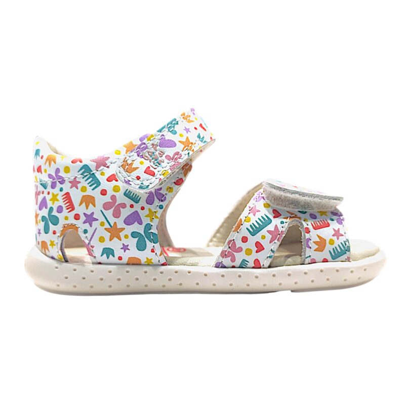 Sandalo barefoot bianco primi passi per bambina con disegnini multicolor e doppio strappo – Garvalín 2 Sandalo barefoot bianco primi passi per bambina con disegnini multicolor e doppio strappo – Garvalín