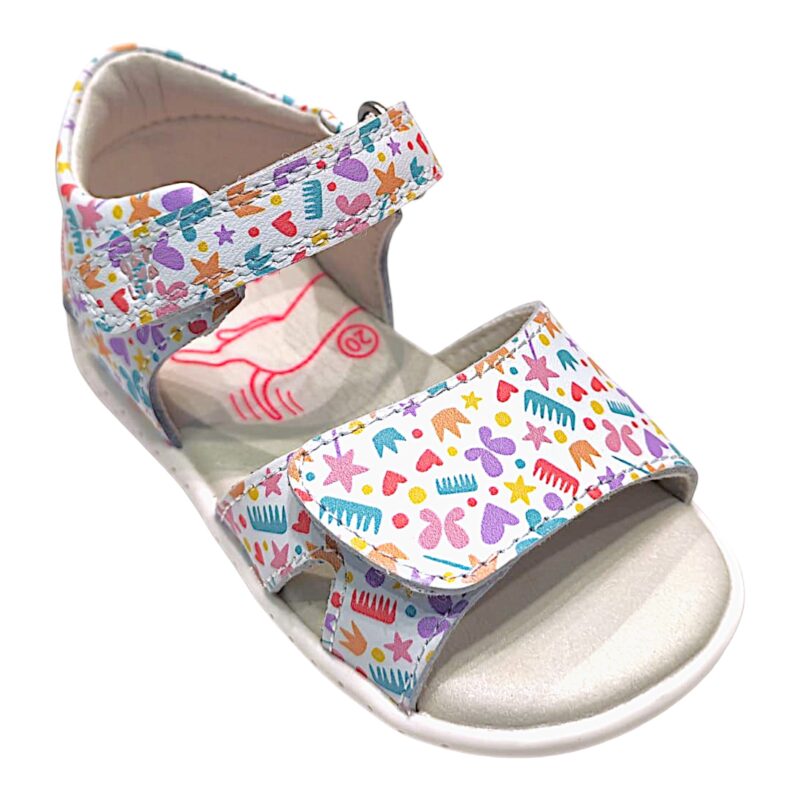 Sandalo barefoot bianco primi passi per bambina con disegnini multicolor e doppio strappo – Garvalín 1 Sandalo barefoot bianco primi passi per bambina con disegnini multicolor e doppio strappo – Garvalín