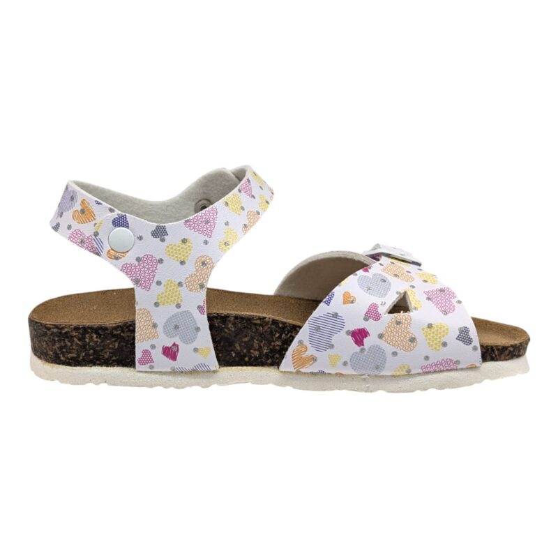 Sandalo bianco bambina con cuori multicolor e fibbie - BioNatura