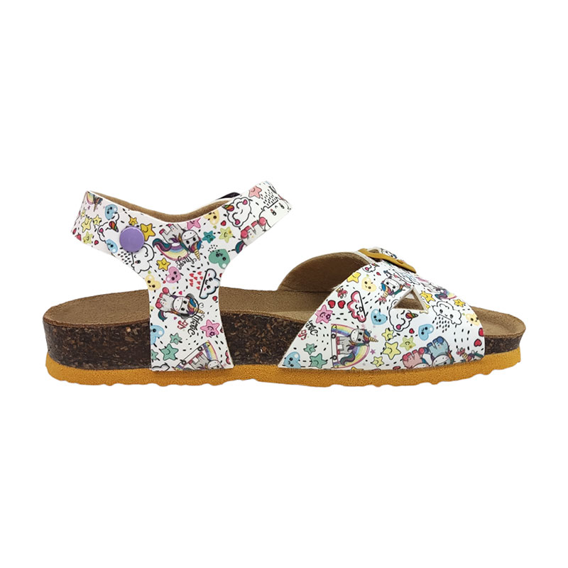 Sandalo bianco con disegni multicolor di unicorni e fibbia metallica – Bionatura 2 Sandalo bianco con disegni multicolor di unicorni e fibbia metallica – Bionatura