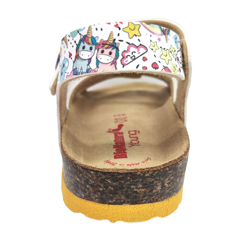 Sandalo bianco con disegni multicolor di unicorni e fibbia metallica – Bionatura 4 Sandalo bianco con disegni multicolor di unicorni e fibbia metallica – Bionatura