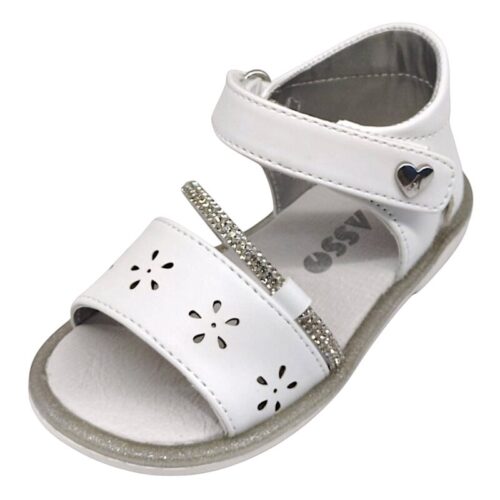 Sandalo bianco con fiori traforati, striscia strass e strappo - Asso