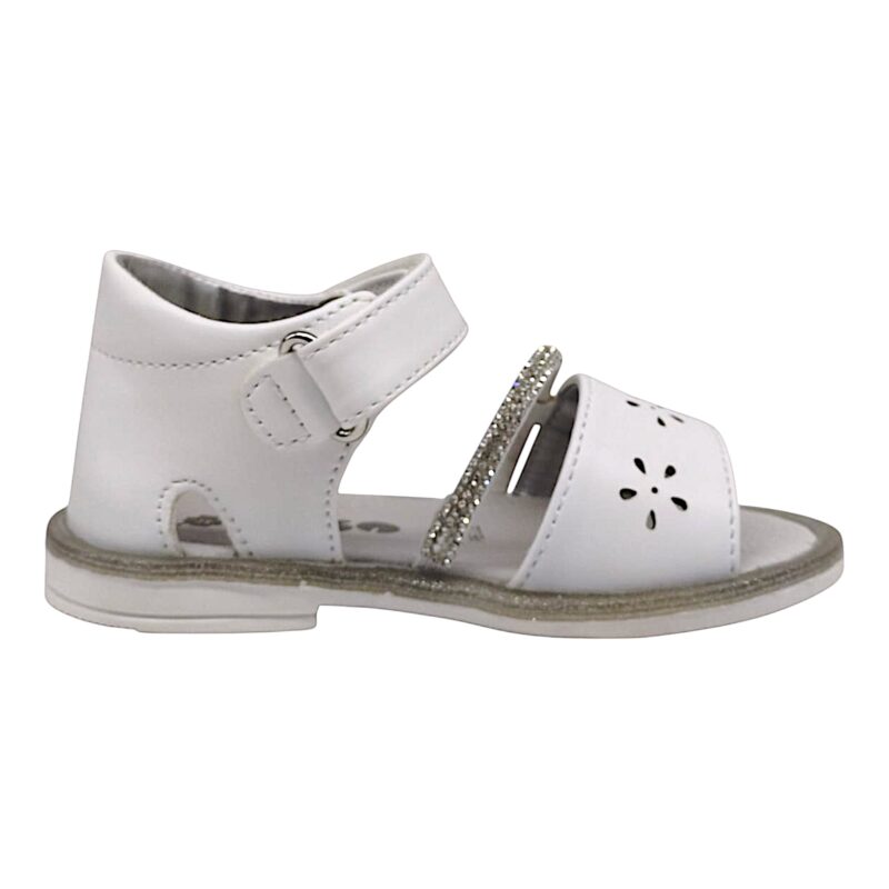 Sandalo bianco con fiori traforati, striscia strass e strappo - Asso
