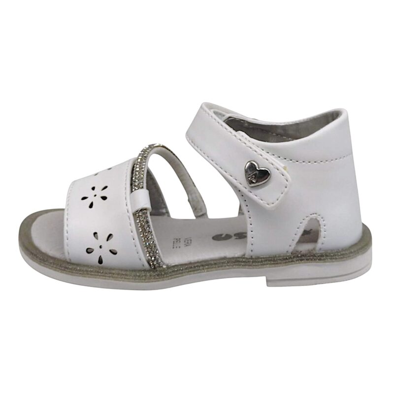 Sandalo bianco con fiori traforati, striscia strass e strappo - Asso
