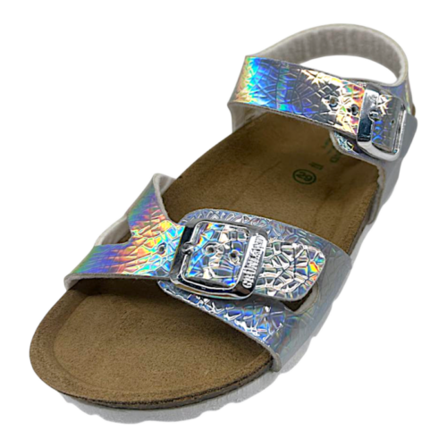 Sandalo bianco-iridescente per bambina tipo Birkenstock  con fibbie argento – Grünland