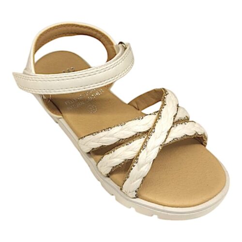 Sandalo bianco modello giulia con strappo e fasce intrecciate con brillantini - Lelli Kelly