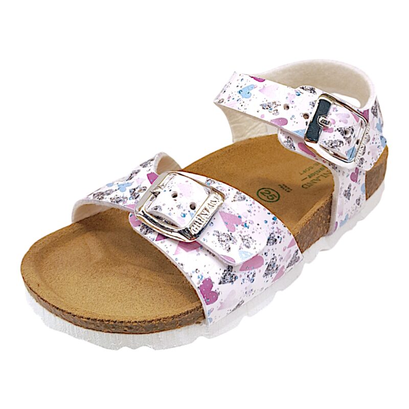 Sandalo bianco per bambina con cuoricini multicolor e fibbie - Grunland