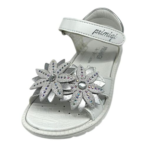 Sandalo bianco per bambina con fiori decorativi, due strappi e dettagli luminosi – Primigi
