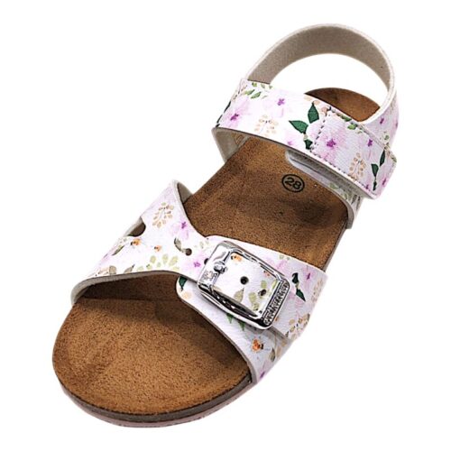 Sandalo bianco per bambina tipo Birkenstock con fantasia floreale, strappo alla caviglia e fibbia argento frontale – Grünland