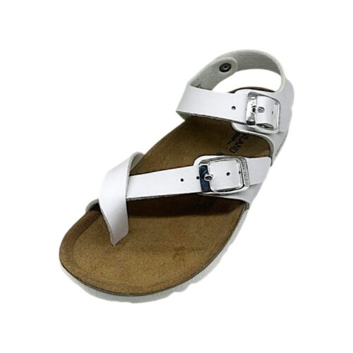 Sandalo bianco per bambina tipo Birkenstock con infradito ad intreccio e fibbie argento – Grünland