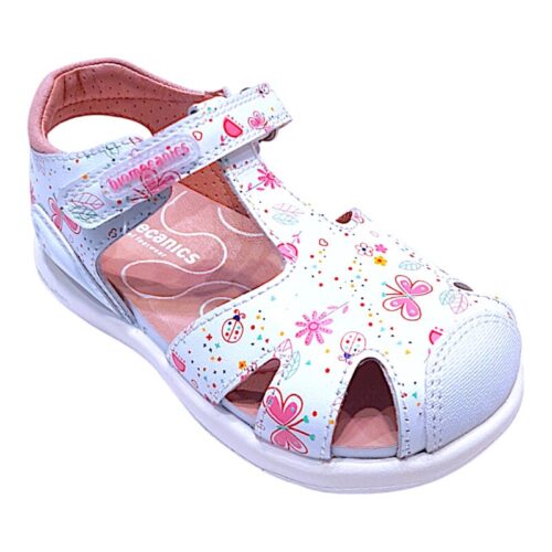 Sandalo bimba modello a ragnetto bianco con farfalle rosa – Biomecanics