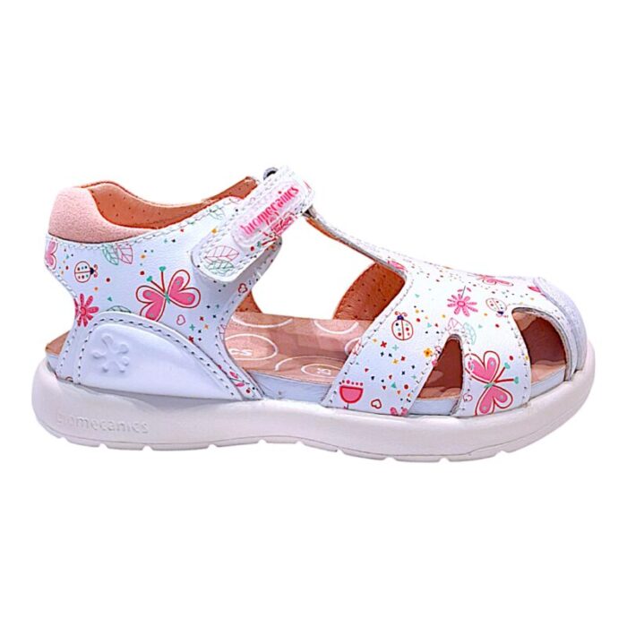 Sandalo bimba modello a ragnetto bianco con farfalle rosa – Biomecanics