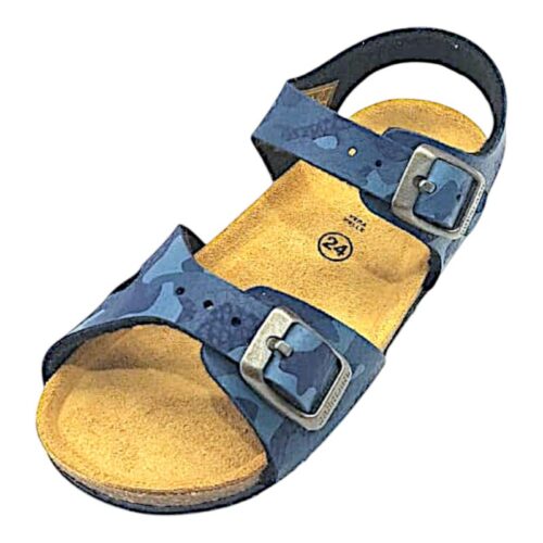 Sandalo blu per bambino tipo Birkenstock con fantasia mimetica e fibbie argento opaco – Grünland
