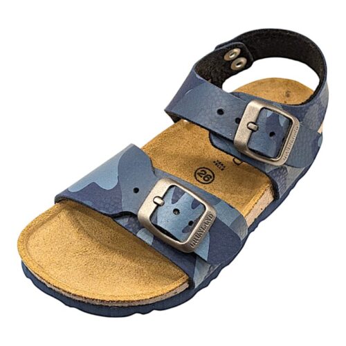 Sandalo blu per bambino tipo Birkenstock con fantasia mimetica e fibbie argento opaco – Grünland