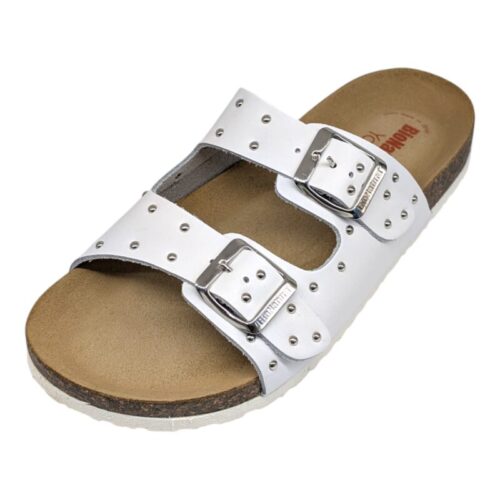 Sandalo, ciabatta similpelle bianca con borchie e fibbie - BioNatura