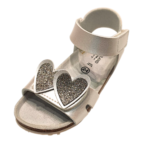 Sandalo color perla per bambina tipo Birkenstock con cuori glitter su fascia frontale e aperture a strappo – Grünland