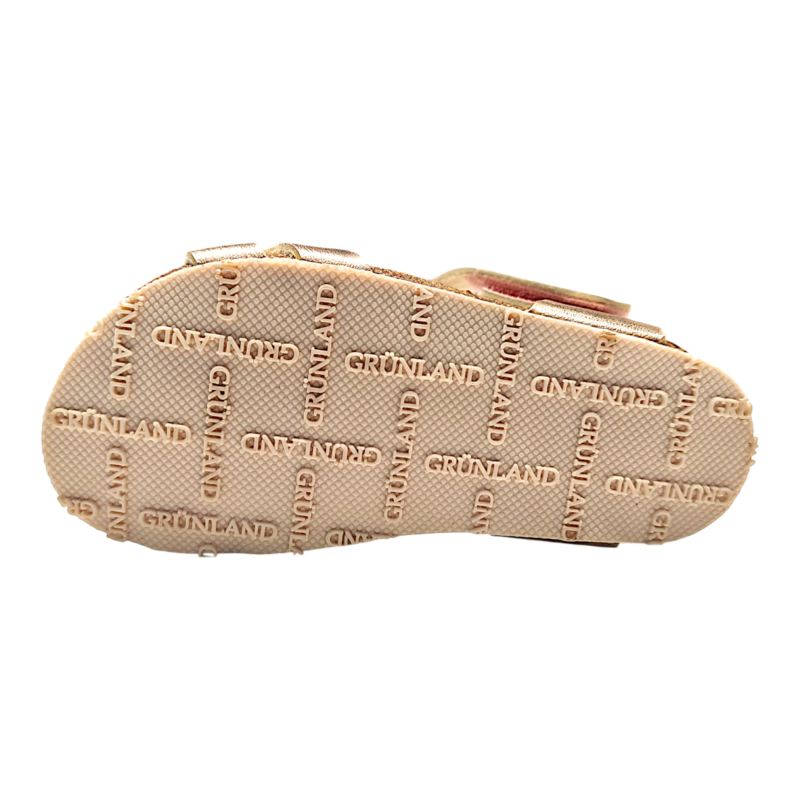Sandalo color perla per bambina tipo Birkenstock con cuori glitter su fascia frontale e aperture a strappo – Grünland