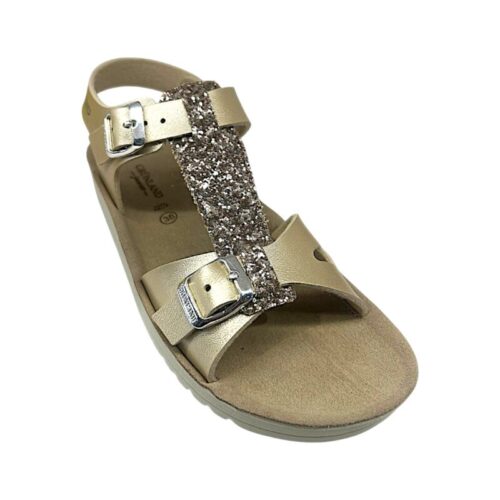 Sandalo color sabbia per bambina con fascia centrale glitter platino e fibbie argento – Grünland