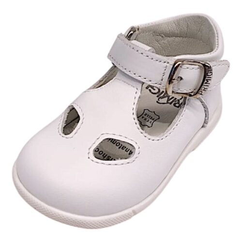 Sandalo con occhietti primi passi unisex bianco in pelle con fibbia – Primigi