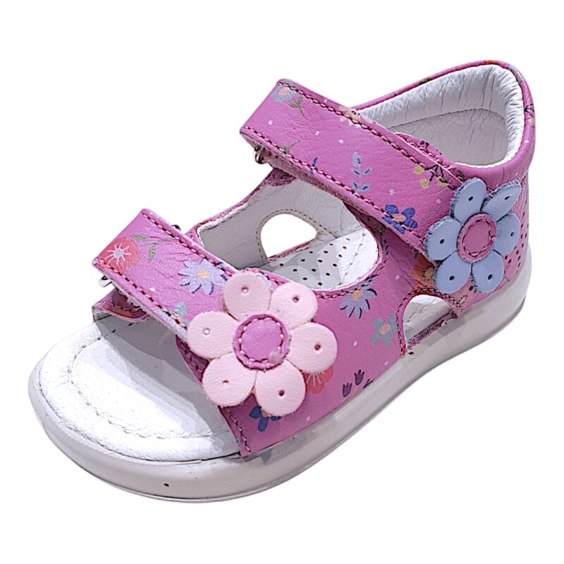 Sandalo fucsia-rosa bambina primi passi con fiorellini decorativi e doppio strappo - Falcotto