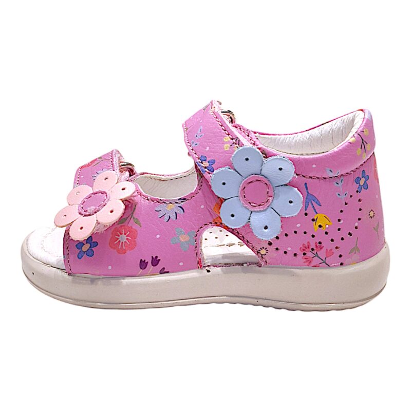 Sandalo fucsia-rosa bambina primi passi con fiorellini decorativi e doppio strappo - Falcotto