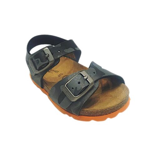 Sandalo grigio per bambino tipo Birkenstock con fantasia militare, suola arancione e fibbie argento opaco – Grünland 22 Sandalo grigio per bambino tipo Birkenstock con fantasia militare, suola arancione e fibbie argento opaco – Grünland