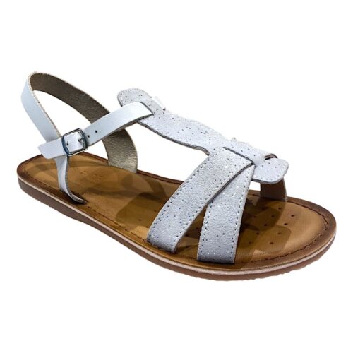 Sandalo in pelle ragazza bianco-scamosciato e bianco glitter con fibbia alla caviglia - Geox