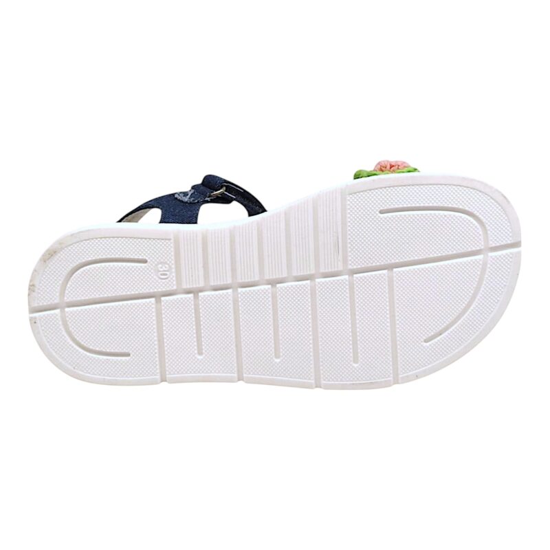 Sandalo jeans con strappo, fascia a strappo decorata e fiori uncinetto multicolor - Asso