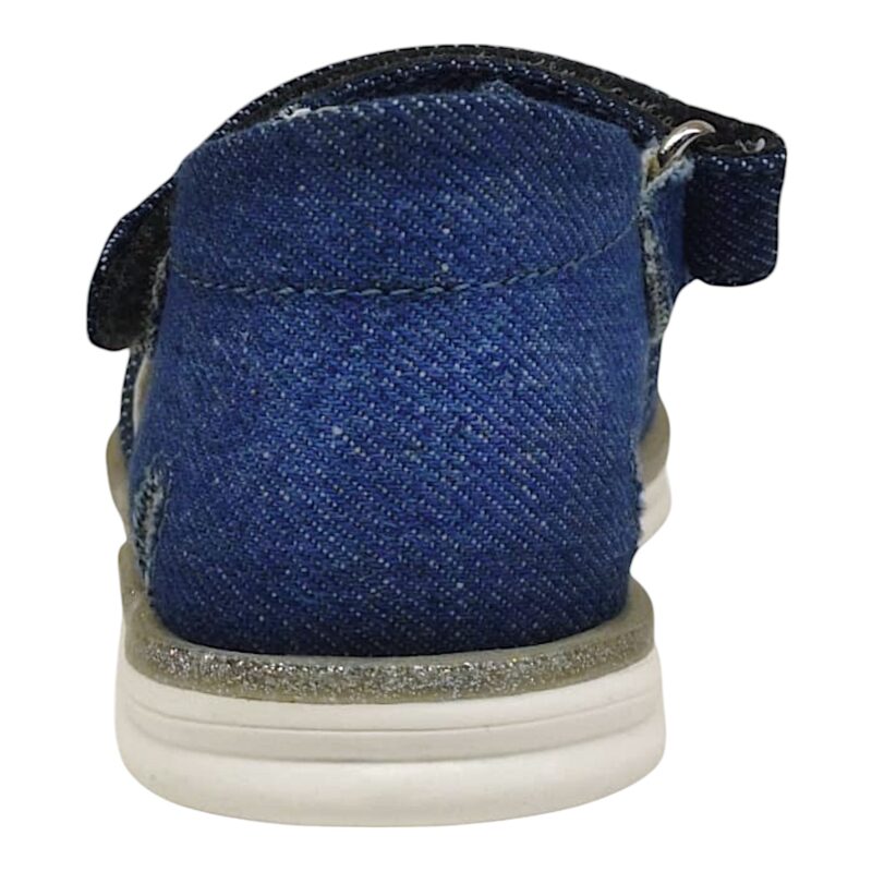 Sandalo jeans con strappo, fascia a strappo decorata e fiori uncinetto multicolor - Asso