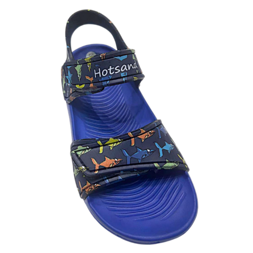 Sandalo mare blu-royal in gomma per bambino con squali multicolor e apertura a strappi - Hotsand 1 Sandalo mare blu-royal in gomma per bambino con squali multicolor e apertura a strappi - Hotsand