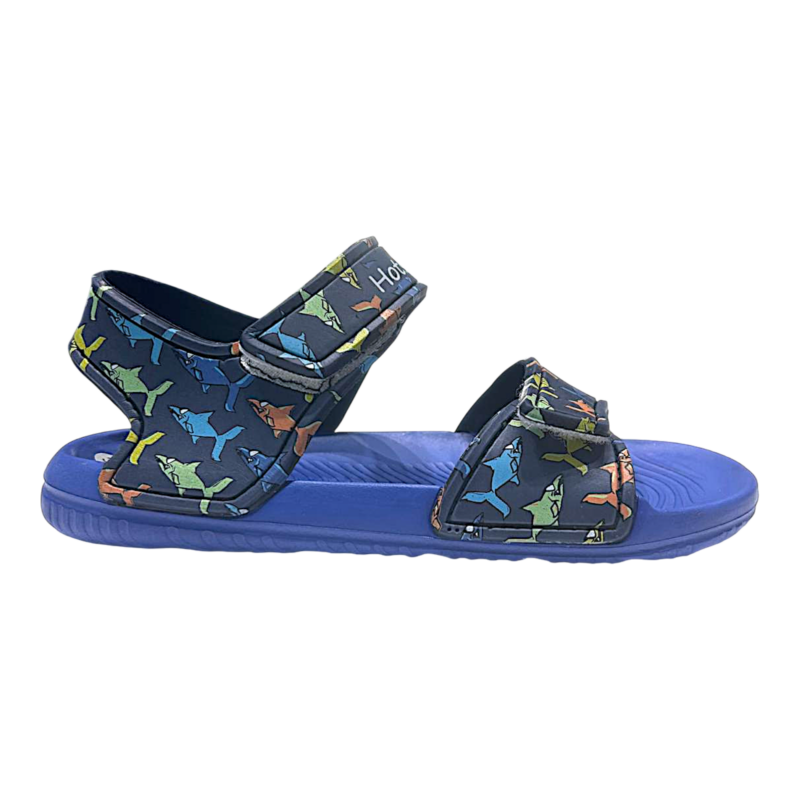 Sandalo mare blu-royal in gomma per bambino con squali multicolor e apertura a strappi - Hotsand 2 Sandalo mare blu-royal in gomma per bambino con squali multicolor e apertura a strappi - Hotsand