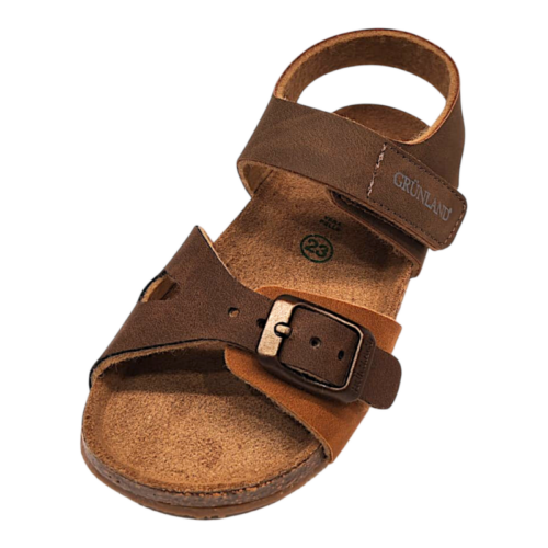 Sandalo marrone-beige unisex tipo Birkenstock con strappo alla caviglia e fibbia bronzo frontale – Grünland